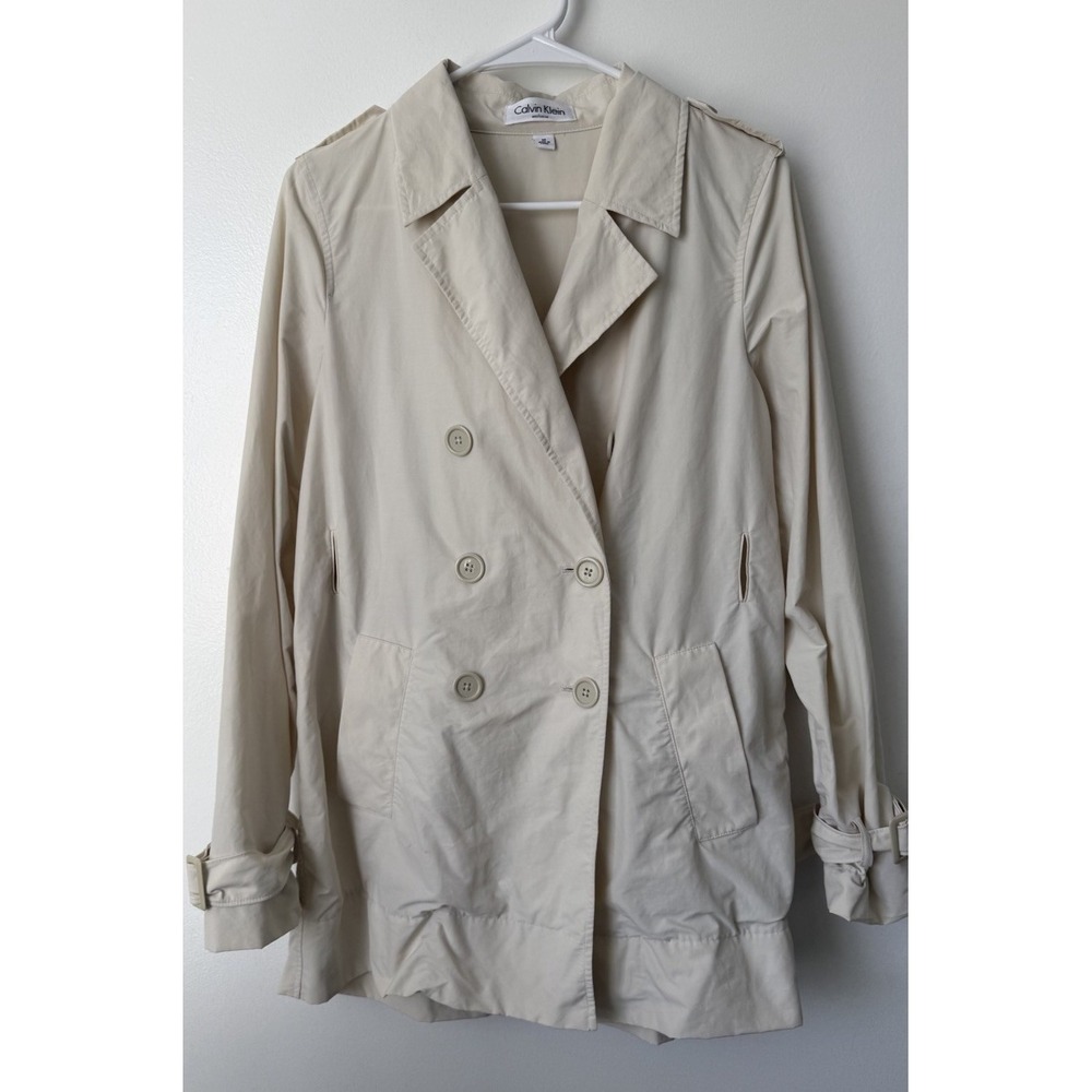 Calvin Klein‎ Exclusive Cream Trench Coat Double Breasted  Size M Belt Missing